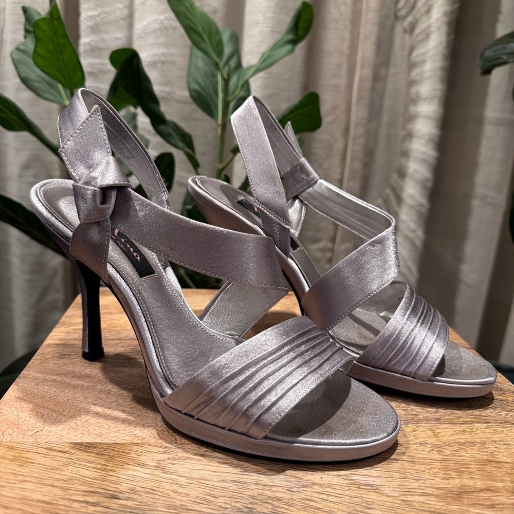 Silver Satin Strap, heels. Size 8